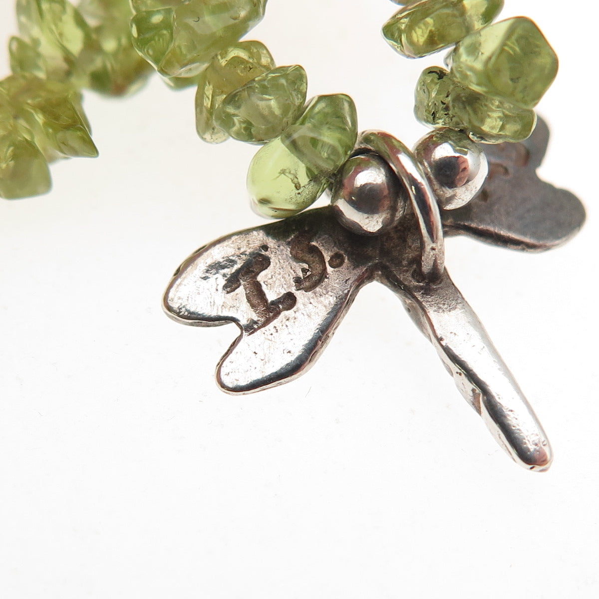 925 Sterling Silver Vintage IS Artisan Real Peridot Dragonfly Chain Necklace 16"