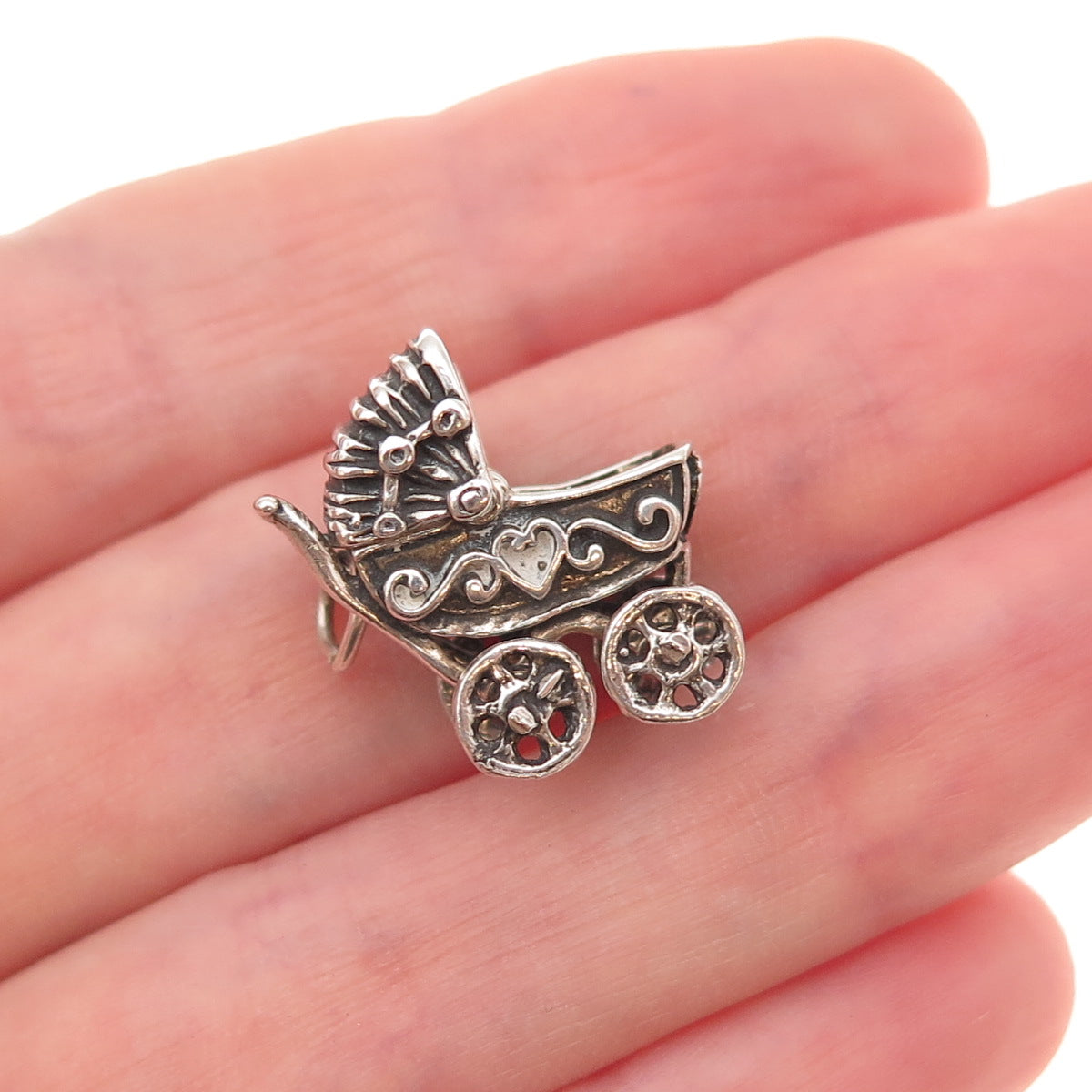 925 Sterling Silver Antique Art Deco Baby Stroller Oxidized 3D Charm Pendant