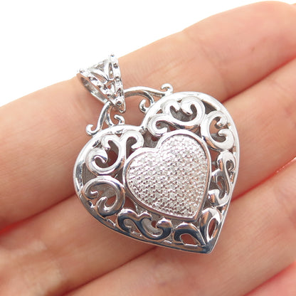 925 Sterling Silver Real Round-Cut Diamond Ornate Heart Charm Pendant