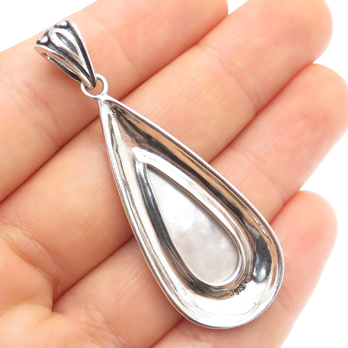 925 Sterling Silver Vintage Real MOP Ornate Teardrop Oxidized Pendant