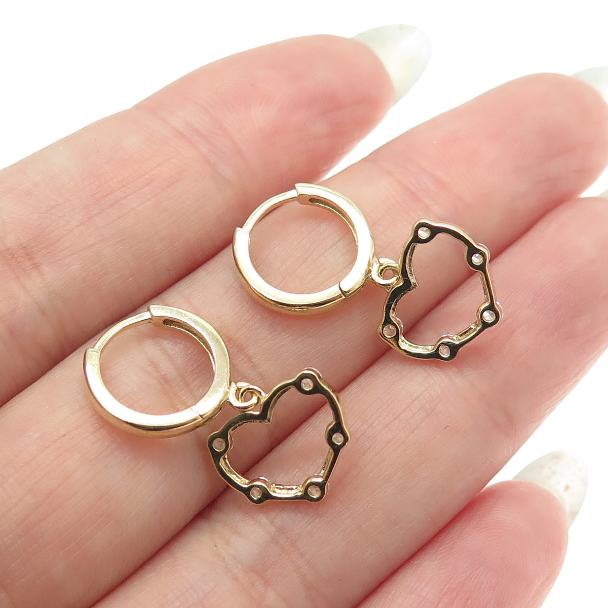 925 Sterling Silver Gold Plated Round-Cut Shaped C Z Open Heart Huggie Earrings