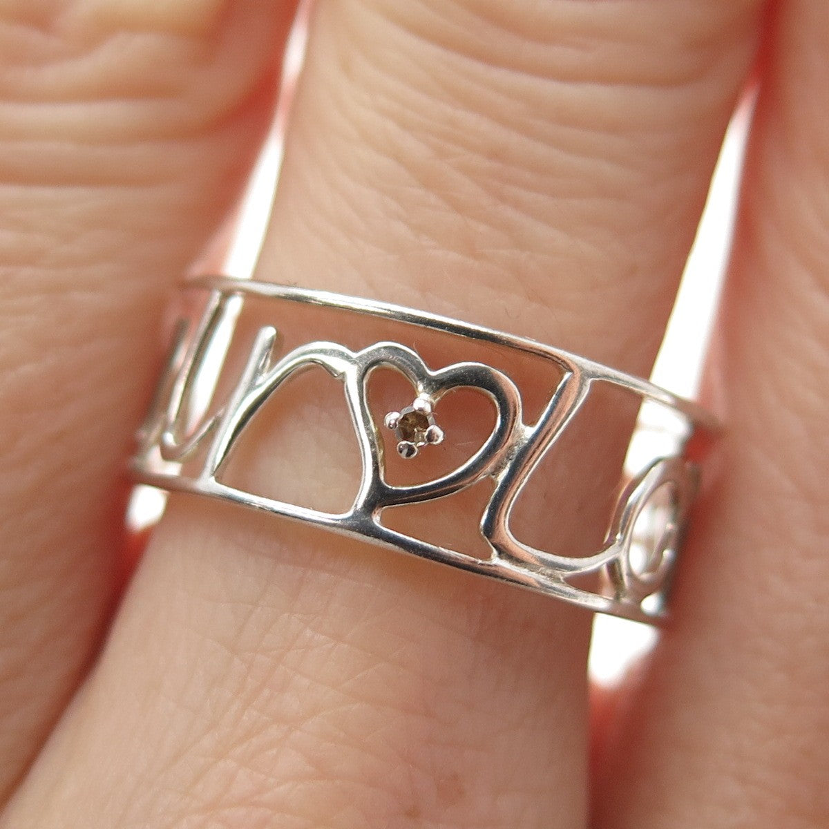 925 Sterling Silver Vintage Real Champagne Diamond Love Amour Ring Size 8.25