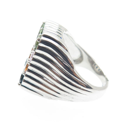 DSMK 925 Sterling Silver Round-Cut Multi-Color Sapphire Ribbed Ring Size 7.25