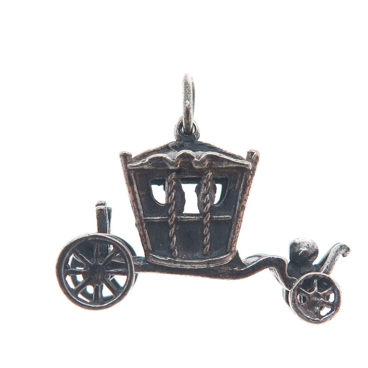 925 Sterling Silver Vintage Carriage Oxidized Minimalist 3D Charm Pendant