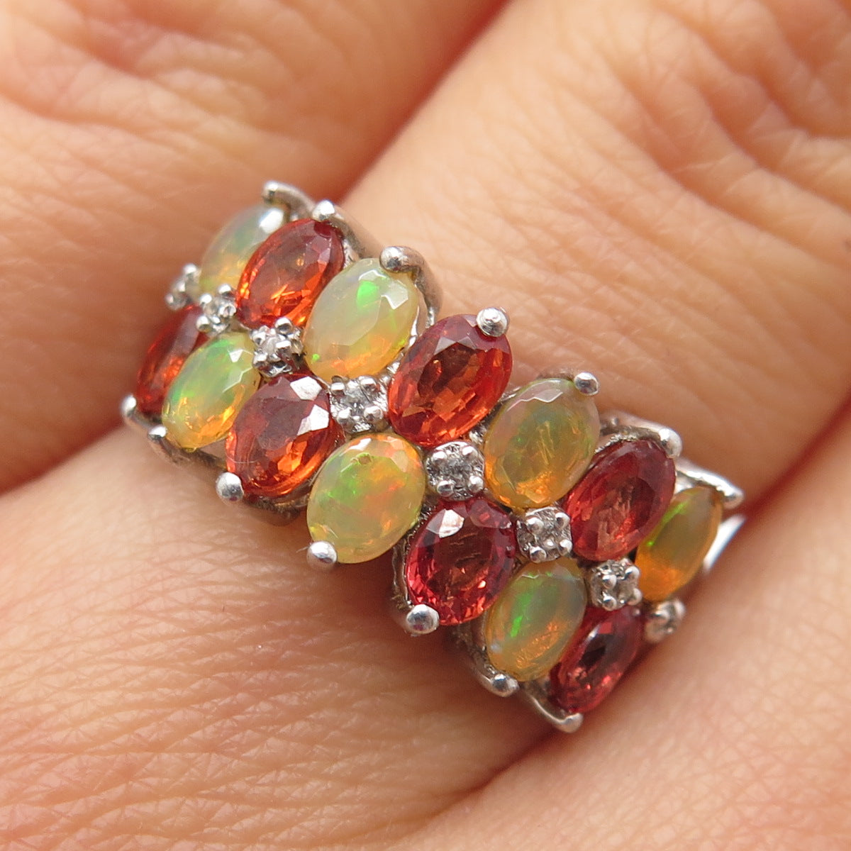 925 Sterling Silver Real Fire Sapphire Opal & White Topaz Cluster Ring Size 6