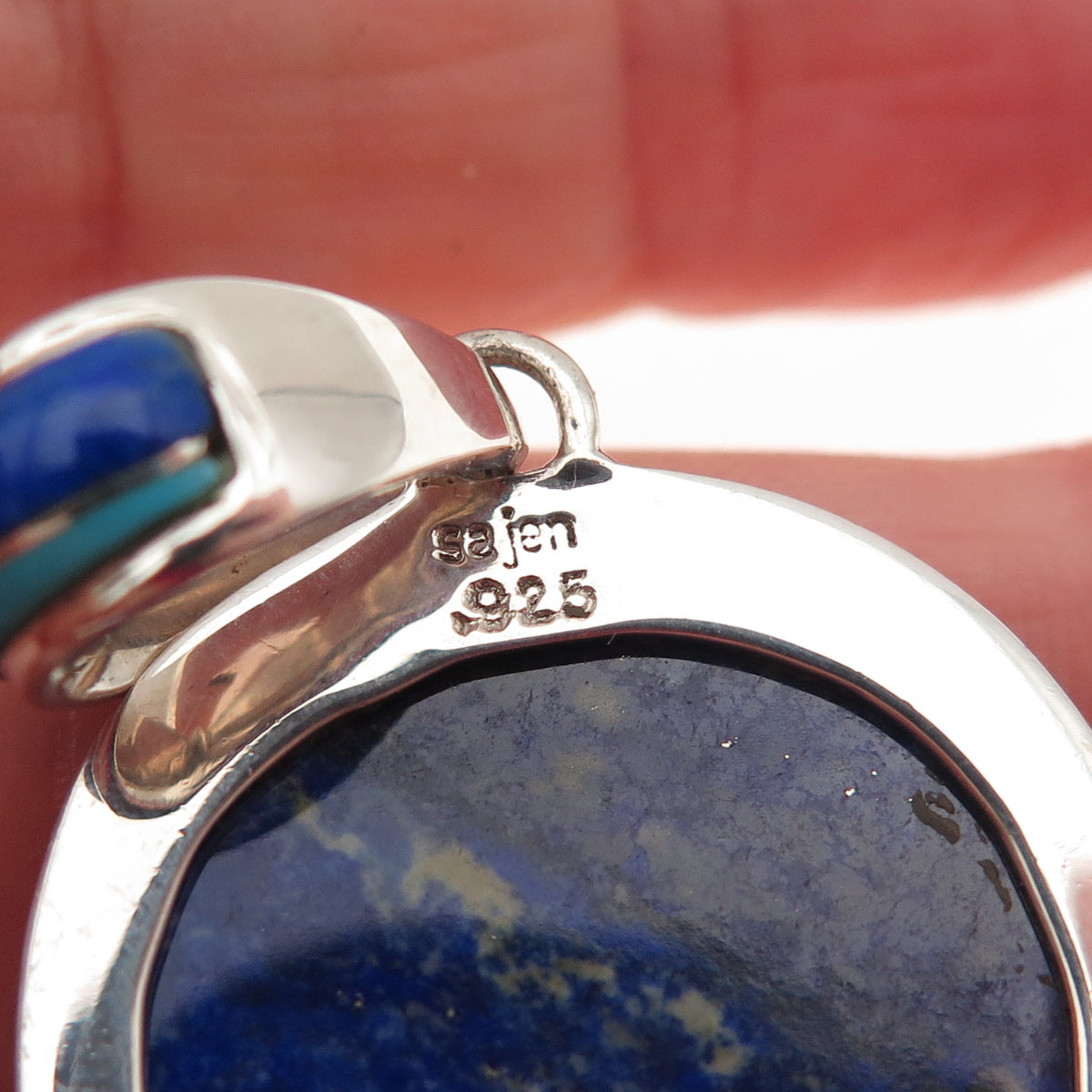 SAJEN 925 Sterling Silver Vintage Real Lapis Opal Turquoise Modernist Pendant