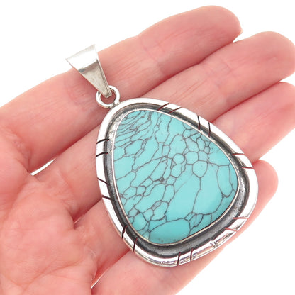 925 Sterling Silver Vintage Mexico Real Turquoise Modernist Oxidized Pendant
