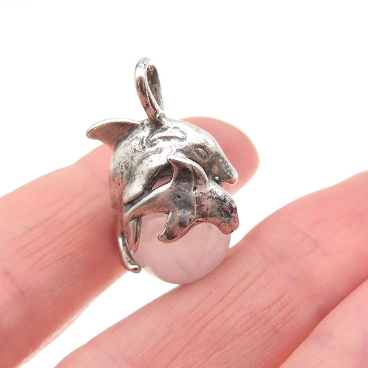 925 Sterling Silver Vintage Real Rose Quartz Dolphin Oxidized Charm Pendant