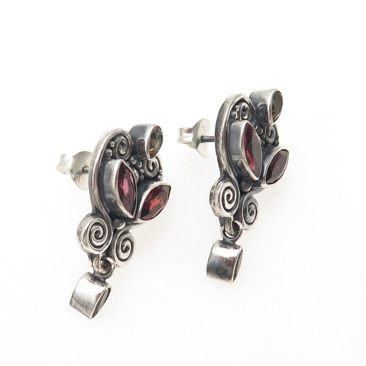 SAJEN 925 Sterling Silver Vintage Real Red Garnet & Citrine Oxidized Earrings