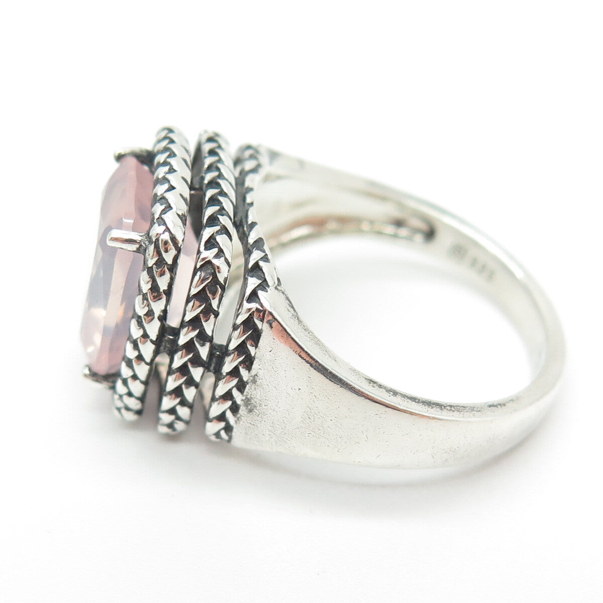 MICHELLE ALBALA 925 Sterling Silver Vintage Rose Quartz Wicker Ring Size 10
