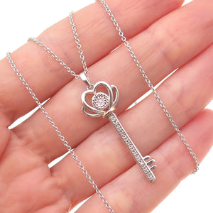 925 Sterling Silver 10K Gold Real Diamond Heart Key Cable Chain Necklace 18"