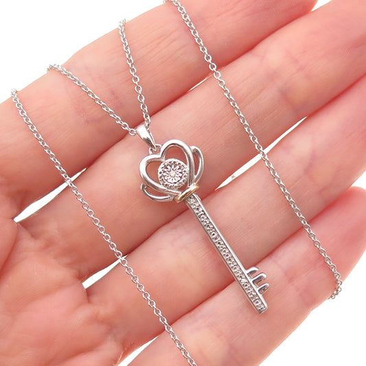 925 Sterling Silver 10K Gold Real Diamond Heart Key Cable Chain Necklace 18"