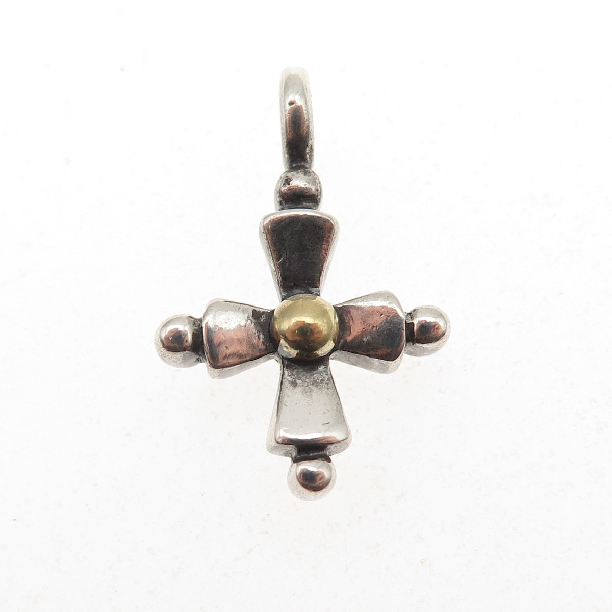 925 Sterling Silver 14K Gold Vintage Modernist Cross Oxidized Charm Pendant
