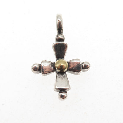 925 Sterling Silver 14K Gold Vintage Modernist Cross Oxidized Charm Pendant