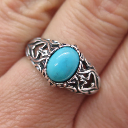 SHUBE 925 Sterling Silver Vintage Real Turquoise Heart Oxidized Ring Size 7.25