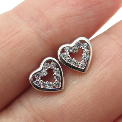 925 Sterling Silver Round-Cut C Z Heart Stud Earrings