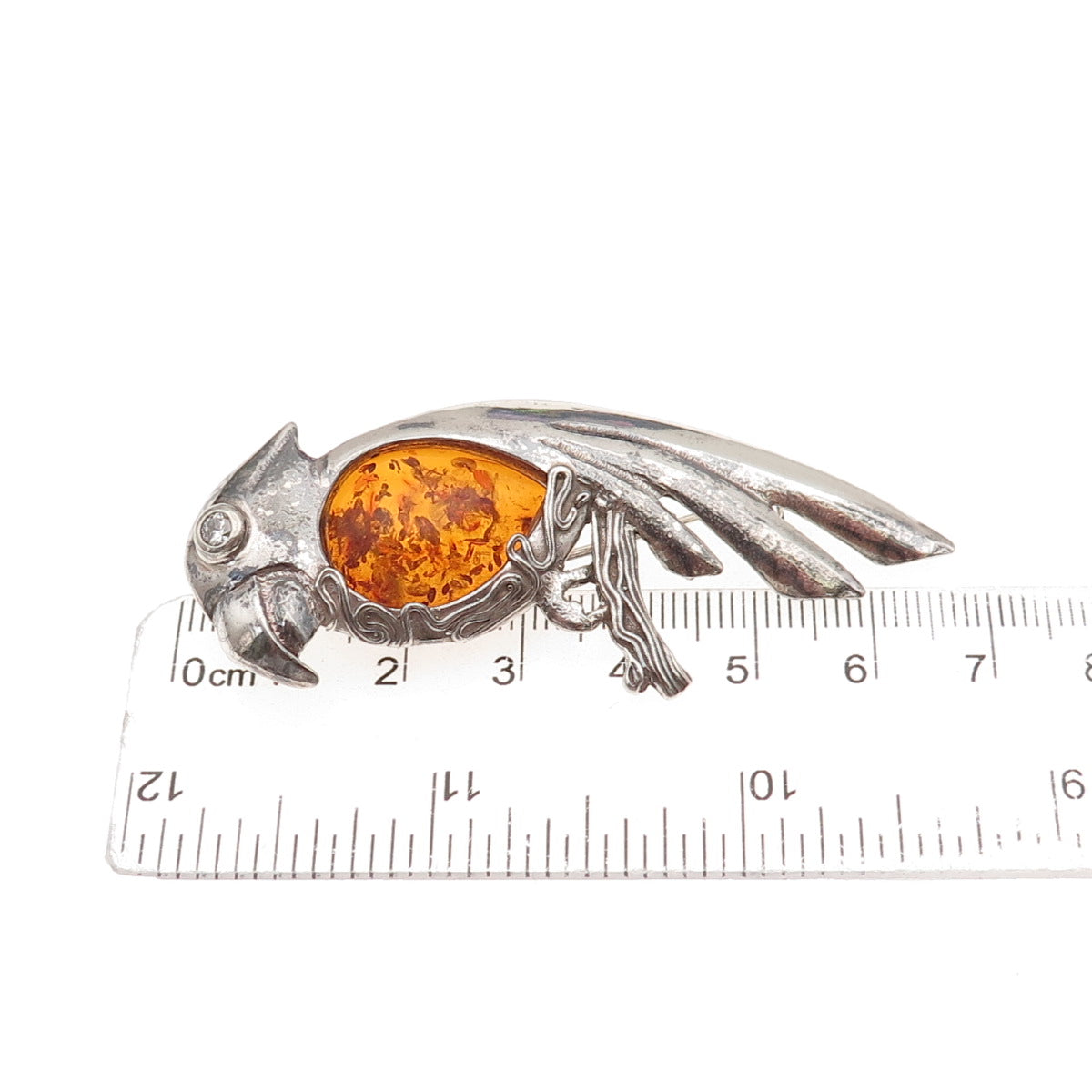 925 Sterling Silver Vintage Real Amber Parrot Bird Oxidized Pin Brooch / Pendant