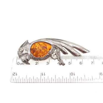 925 Sterling Silver Vintage Real Amber Parrot Bird Oxidized Pin Brooch / Pendant