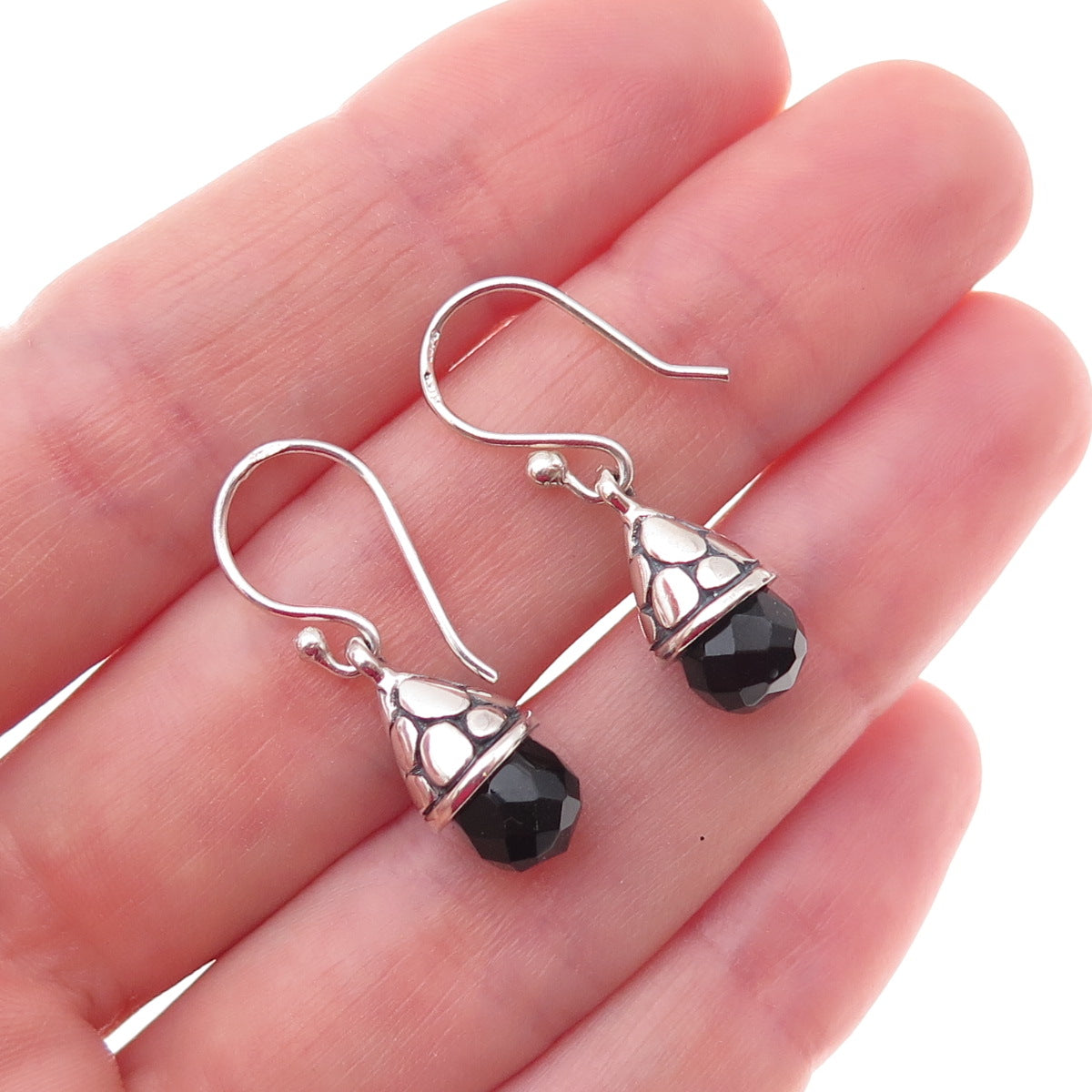 925 Sterling Silver Vintage Real Black Onyx Teardrop Dangle Earrings