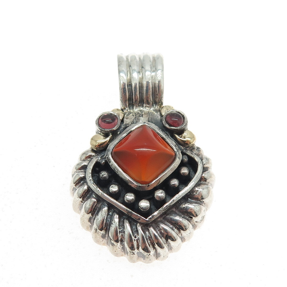 JOIELLE 925 Sterling Silver & 14K Gold Vintage Real Carnelian Tourmaline Pendant