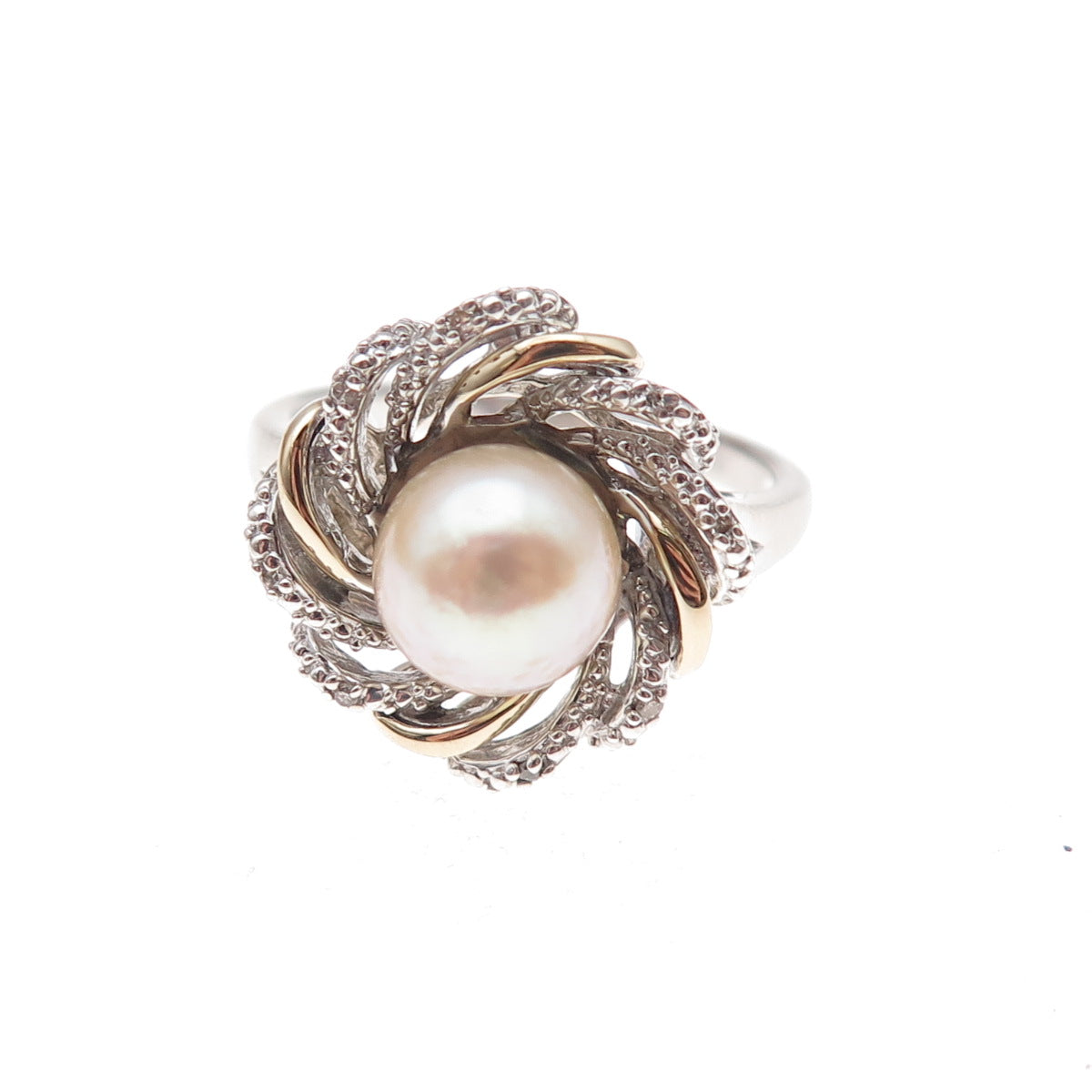 Richline 925 Sterling Silver 14K Gold Real Diamond & Pearl Floral Ring Size 7
