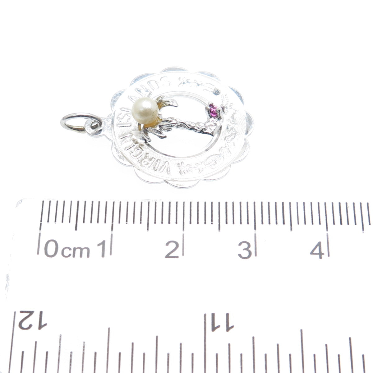 CREA 925 Sterling Silver Vintage Faux Pearl & Rhinestone Virgin Island Pendant