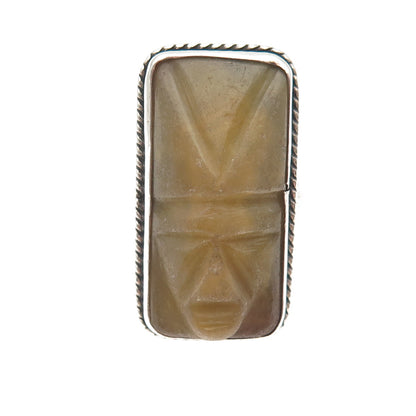 925 Sterling Silver Vintage Real Jade Carved Aztec God Face Ring Size 6.5