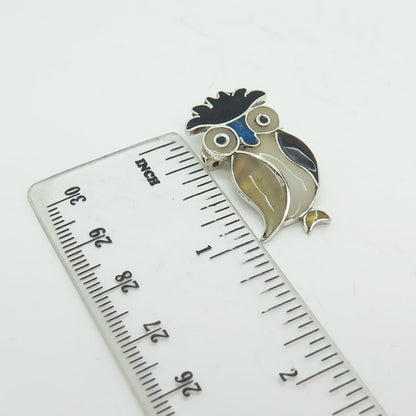 925 Sterling Silver Vintage Mexico Real Onyx Agate MOP Wise Owl Pin Brooch