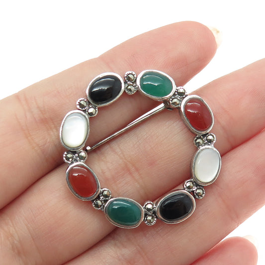 925 Sterling Silver Vintage MOP Black Green Onyx Carnelian Marcasite Gem Brooch