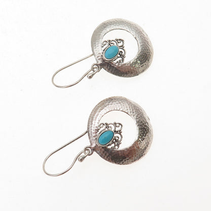 925 Sterling Silver Vintage Real Turquoise Crescent Hammered Dangle Earrings