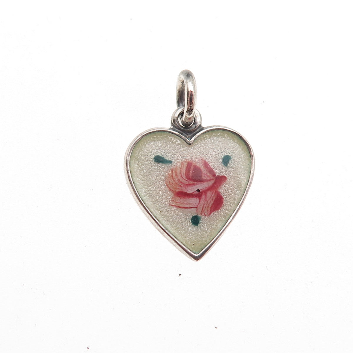 925 Sterling Silver Antique Art Deco Enamel Rose Chatelaine Heart Mini Pendant