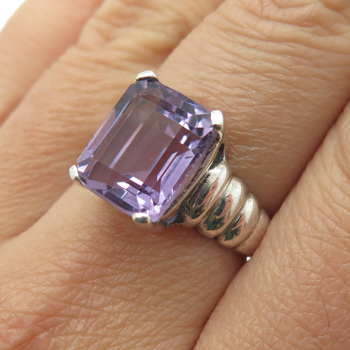 925 Sterling Silver Vintage Real Emerald-Cut Amethyst Ring Size 7