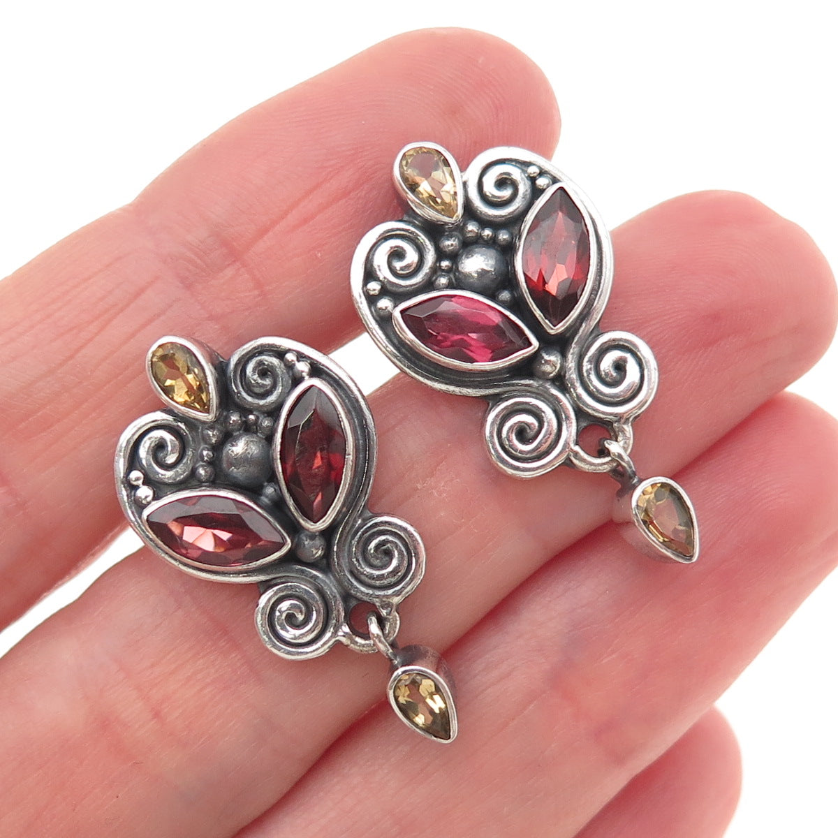 SAJEN 925 Sterling Silver Vintage Real Red Garnet & Citrine Oxidized Earrings