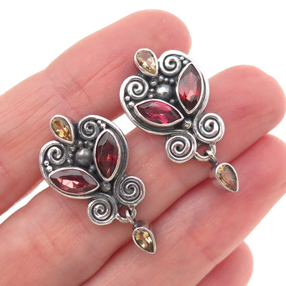SAJEN 925 Sterling Silver Vintage Real Red Garnet & Citrine Oxidized Earrings