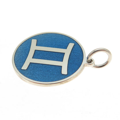 925 Sterling Silver Blue Enamel Gemini Zodiac Round Tag Minimalist Charm Pendant