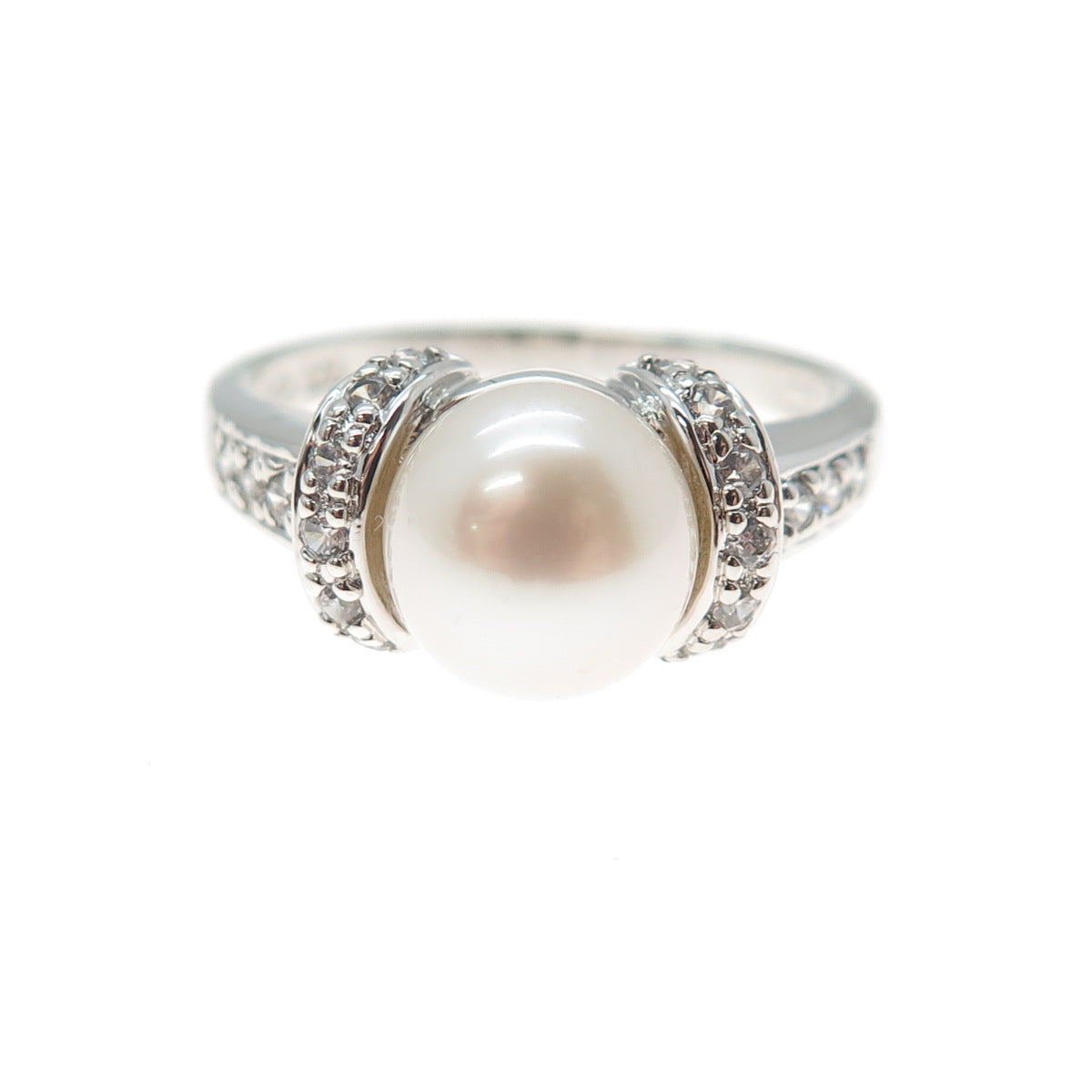 ROSS SIMONS 925 Sterling Silver Faux Pearl & C Z Ring Size 9.25