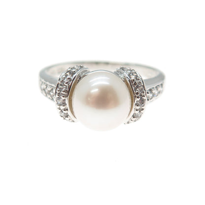 ROSS SIMONS 925 Sterling Silver Faux Pearl & C Z Ring Size 9.25