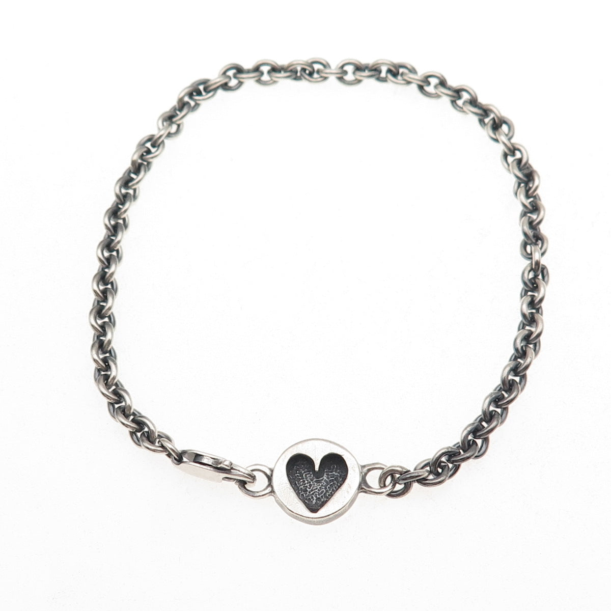 925 Sterling Silver Vintage Heart Cable Link Oxidized Bracelet 7.25"