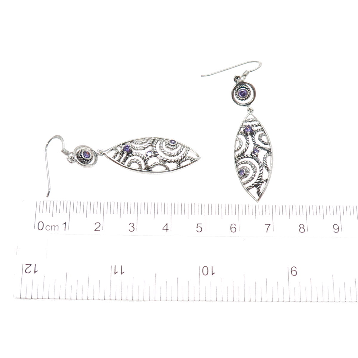 925 Sterling Silver Vintage Real Amethyst Ornate Oxidized Dangle Earrings