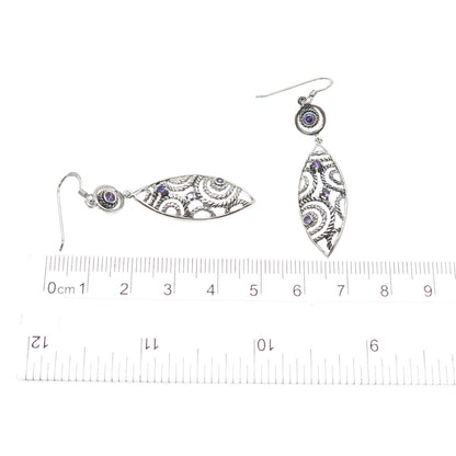 925 Sterling Silver Vintage Real Amethyst Ornate Oxidized Dangle Earrings