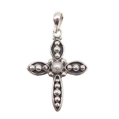 Silpada 925 Sterling Silver Vintage Real Pearl Beaded Cross Charm Pendant