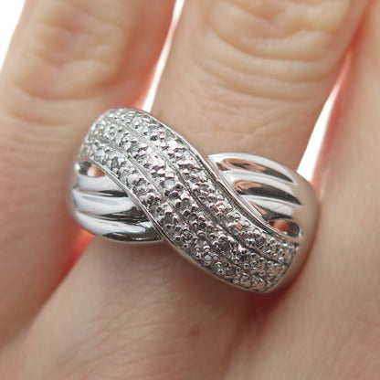 FINA 925 Sterling Silver Real Round-Cut Diamond Crossover Ring Size 7.5