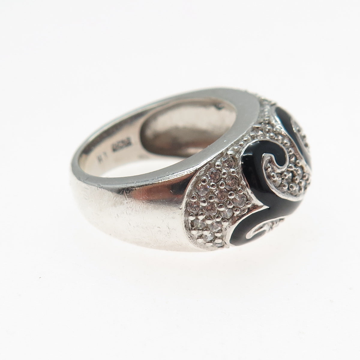 KEN CRAFTS 925 Sterling Silver Enamel & C Z Floral Swirl Ring Size 7