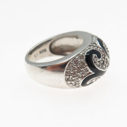 KEN CRAFTS 925 Sterling Silver Enamel & C Z Floral Swirl Ring Size 7