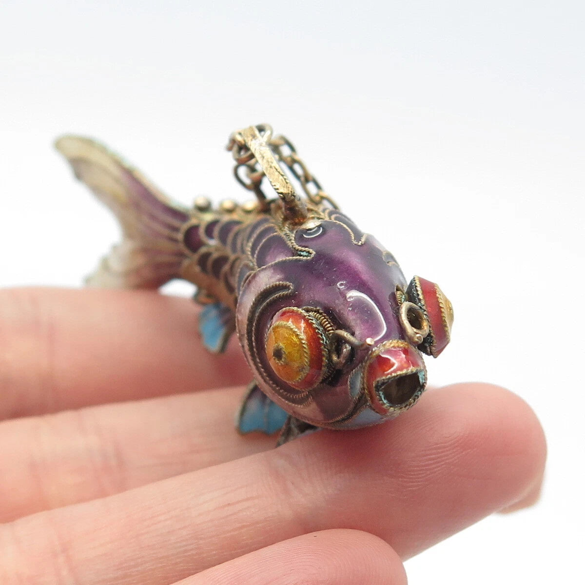 925 Sterling Silver Enamel Antique Chinese Koi Fish Chatelaine Fob