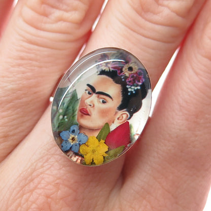 925 Sterling Silver Vintage Enamel Frida Kahlo Pressed Flowers Ring Size 8.75