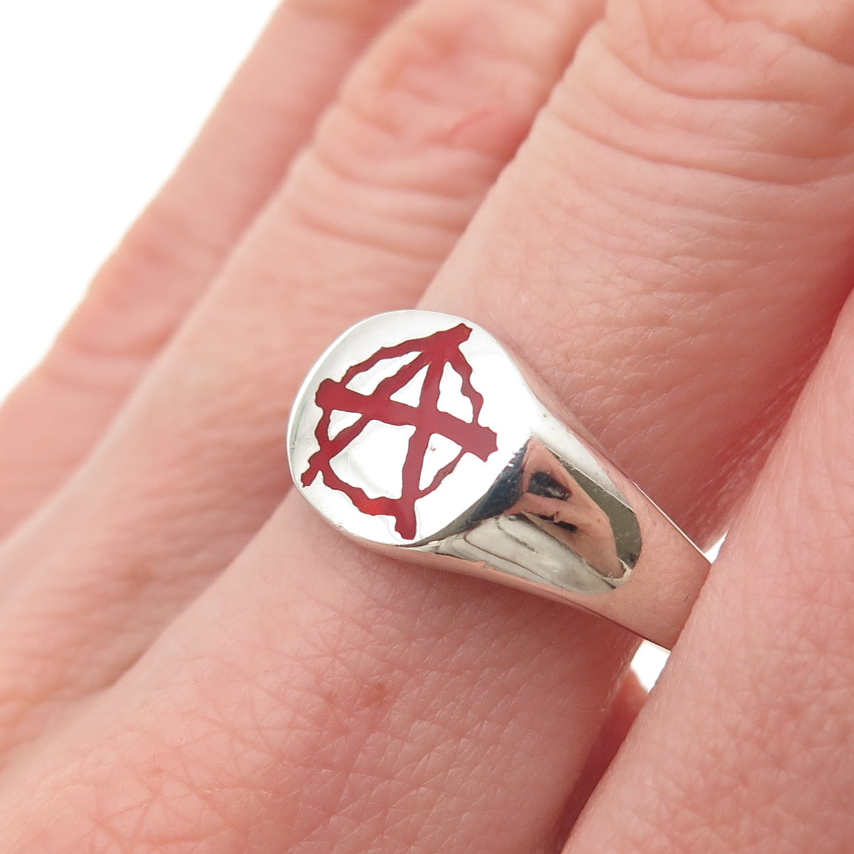 925 Sterling Silver Vintage Enamel Anarchy Symbol Signet Ring Size 10.75