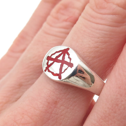 925 Sterling Silver Vintage Enamel Anarchy Symbol Signet Ring Size 10.75