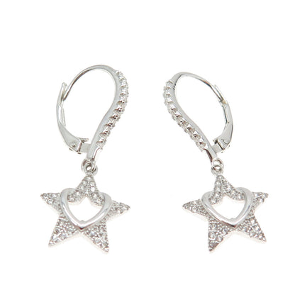 925 Sterling Silver Pave C Z Star Dangling Earrings