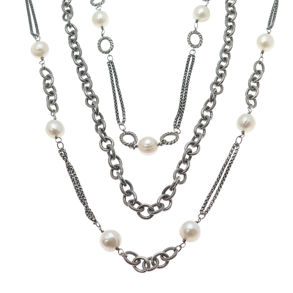 925 Sterling Vintage Pearl Heavy 124.5g Multi-Row Chain Oxidized Necklace 16-24"